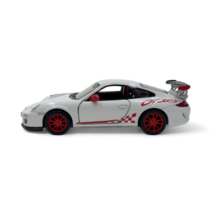 White Porsche 911 GT3 RS diecast model car by Team Lingenfelter, side view showing detailed exterior and sleek design.