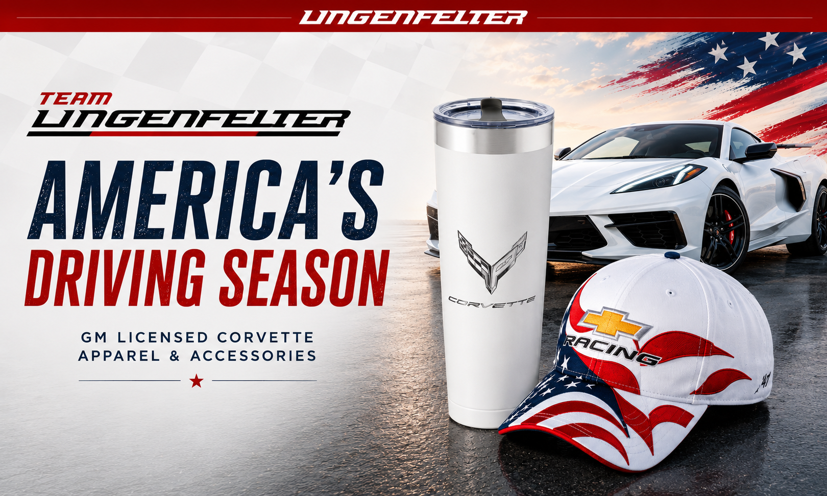 Promotional image for Team Uingenfelter with Corvette-themed tumbler and cap on a blurred race track background.