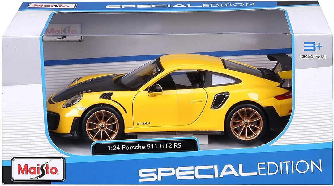 Yellow diecast 2018 Porsche 911 GT2 RS model by Team Lingenfelter, showcasing detailed design and sleek sports car features.
